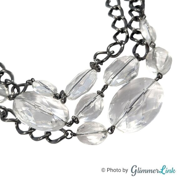 Triple Strand Chunky Acrylic Faceted Beads Black Tone Curb Chain Toggle Necklace - Picture 5 of 10